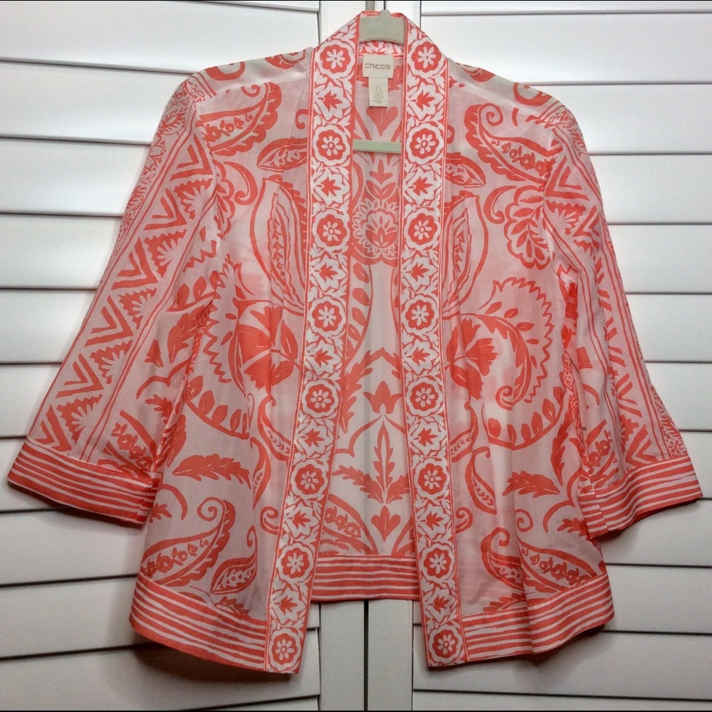 🚫Sold🚫Chicos Peach & White Open Front Jacket